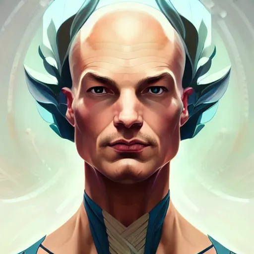 Image similar to character concept portrait of professor xavier beautiful voluminous muscular tall healthy and virtuous. modestly clothed, intricate, elegant, highly detailed, digital painting, artstation, concept art, symmetry, smooth, sharp focus, illustration, art by mandy jurgens and alphonse mucha and alena aenami