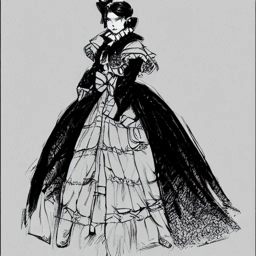 Image similar to Bill gates crossdressing in victorian gown, drawn in the style of yoji shinkawa, extremely detailed, fractal frame