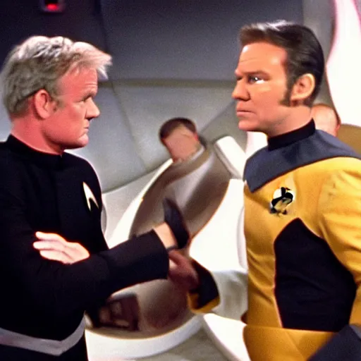 Image similar to gordon ramsey fighting chancellor gorwon from star trek, scene of a battle