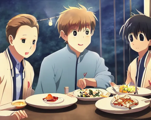 Image similar to harry kane and son heung-min eating dinner at a restaurant, slice of life anime, lighting, anime scenery by Makoto shinkai