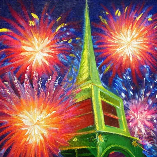 Prompt: When the fireworks are in full bloom by oil painting