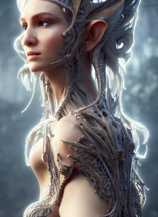 Image similar to stunning biomechanical impish elven incredible hair, masterpiece crystalline incrustations, hyperdetailed face, elegant pose, movie still, intricate, octane render, cinematic lighting, cgsociety, unreal engine,