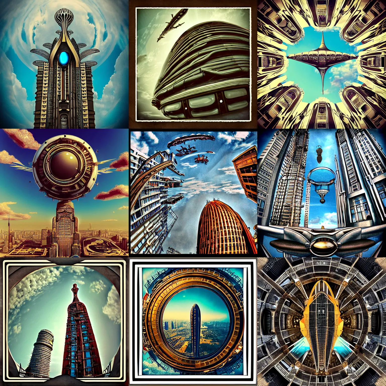 Prompt: fish eye view of retrofuturistic art deco skyscraper, steampunk zeppelin in the sky, intricated, fantasy art, masterpiece, octane
