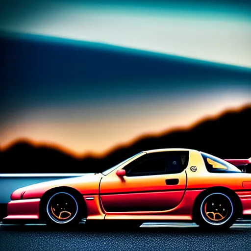 Prompt: a car drift spec mazda fc3s rx7 in middle of road, gunma prefecture, city sunset night, cinematic color, photorealistic, highly detailed