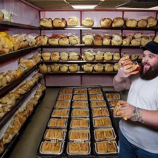 Image similar to promotional photo from the tv show storage hunters, a crowd gets excited seeing a storage room full of hamburgers, movie still, cinematic,