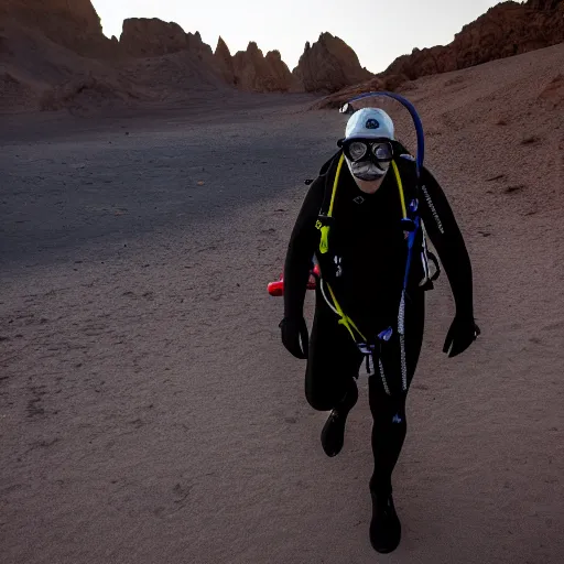 Prompt: a scuba diver walking in the desert, photography, highly detailed, high quality, 8 k, soft lighting,