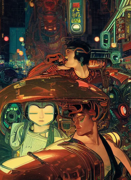 Prompt: portrait of a cyborg boy and a cyborg girl inside a car in the middle of futuristic tokyo at night. diffuse neon light, dramatic landscape, fantasy illustration, matte painting by mucha