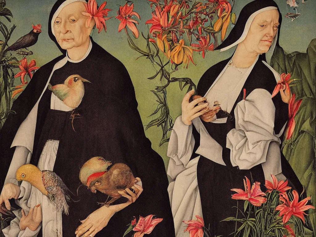 Prompt: Woman staring, expressive, wrinkled, dressed as a nun, holding a paradise bird and a lily flower. Colorful portrait by Lucas Cranach, Roger Ballen