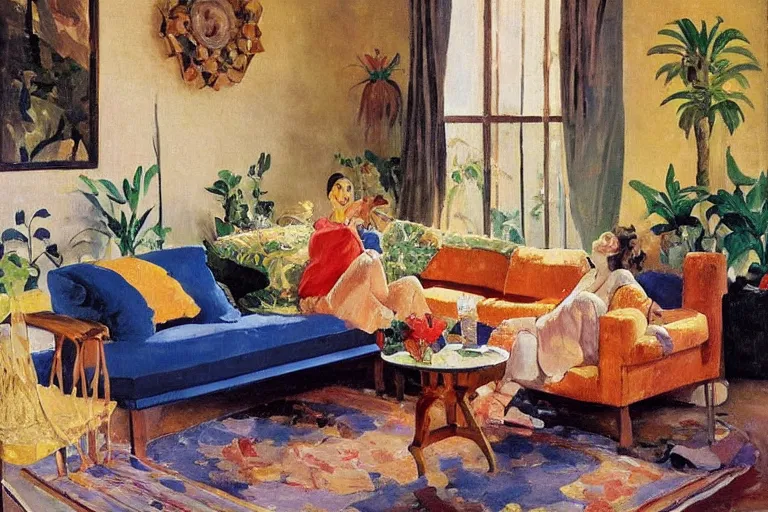 Image similar to A cozy, warm living room, bathed in golden light, with many tropical plants and eclectic furniture, a figure rests on an old couch, highly relaxed, sunday afternoon, living the good life, at peace, golden ratio, fauvisme, art du XIXe siècle, figurative oil on canvas by Albert Marquet, André Derain, Auguste Herbin, Louis Valtat, Musée d'Orsay catalogue