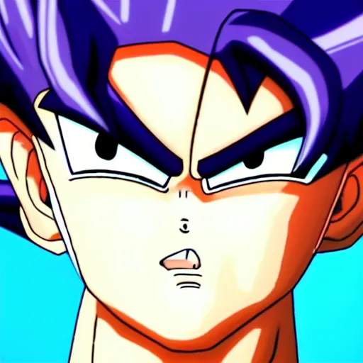 Prompt: fish eye lens close up photograph of a goku eyeing the camera with a sympathetic look