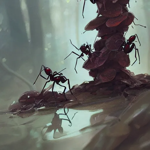 Prompt: ants carrying leaves, art by guweiz and greg rutkowski, matte, intricate, elegant, highly detailed, smooth, sharp focus, artstation,