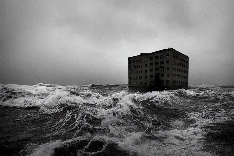 Prompt: danila tkachenko, low key lighting, an abandoned high soviet apartment building in the middle of the stormy ocean, storm, lighning storm, crashing waves, dramatic lighting