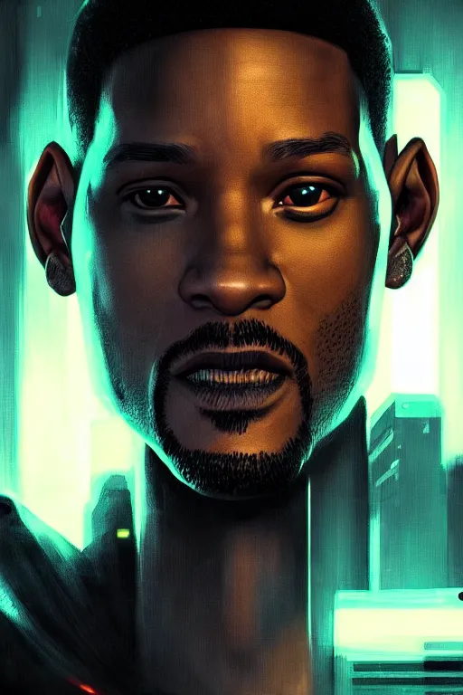 Image similar to portrait of cyberpunk will smith, grim - lighting, high - contrast, intricate, elegant, highly detailed, digital painting, artstation, concept art, smooth, sharp focus, illustration