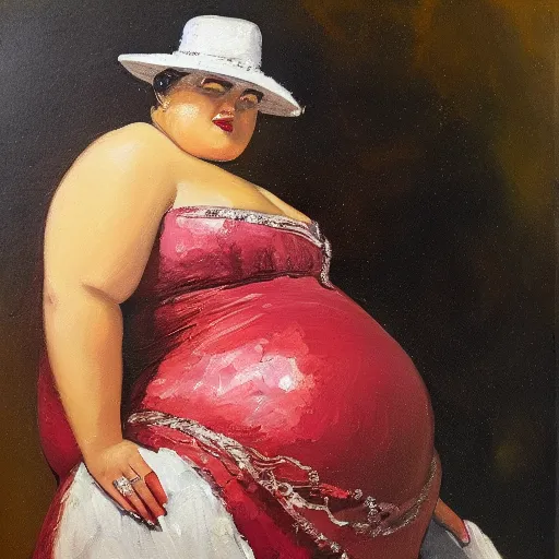 Prompt: Oil painting of a fat woman posing in a diamond dress and extravagant hat