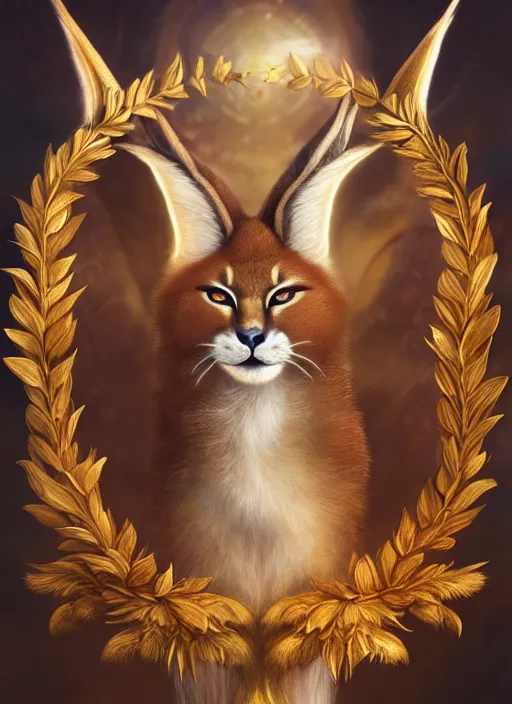 Image similar to cute fluffy caracal as apollo ancient greek god, golden wreath at background, details, fantasy, epic, ancient greek city, intricate, decadent, highly detailed, octane render, digital painting, artstation, concept art, sharp focus, illustration, art by artgerm, loish, wlop