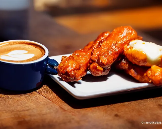 Image similar to A cup of coffee next to hot wings covered in a lot of cheese, Cinematic shot, 8k resolution