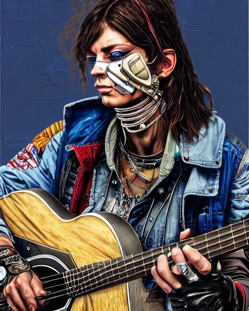 Image similar to a portrait of an anthropomorphic cyberpunk eagle strumming an acoustic guitar by sandra chevrier, by jon foster, detailed render, tape deck, epic composition, cybernetics, 4 k realistic, cryengine, realistic shaded lighting, sharp focus, masterpiece, by enki bilal