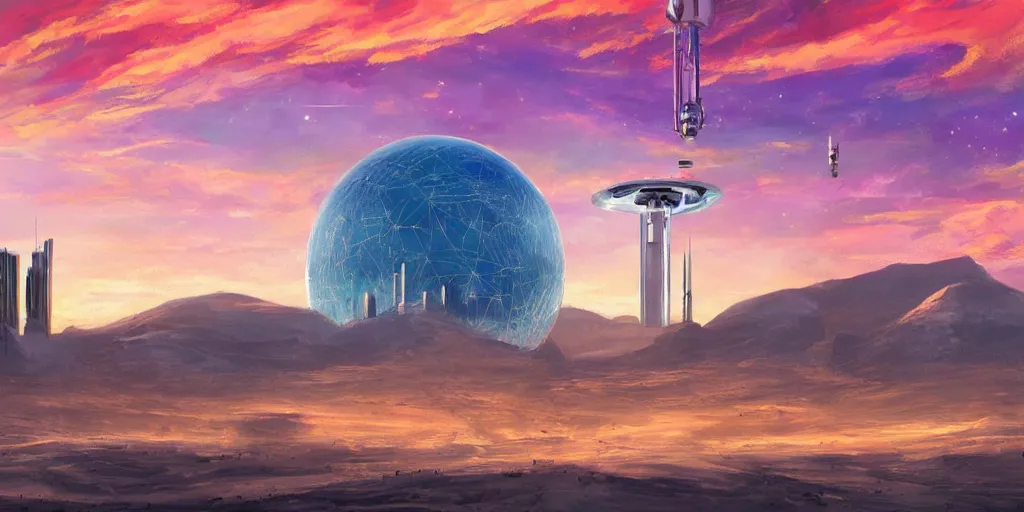 Prompt: artistic painting of a space elevator in the middle of the desert surrounded by futuristic buildings, sunset, mountains, clouds, stars