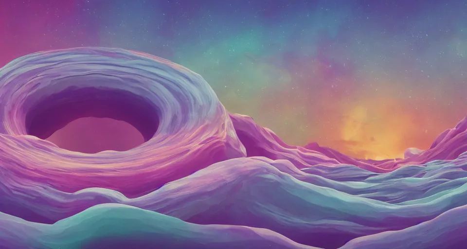 Image similar to storybook imagery. landscape photography of a turbulent donut ocean that is made up of a sea of giant donuts. claymation. diorama. digital art. colorful. render. 4 k. 8 k. trending. wallpaper.