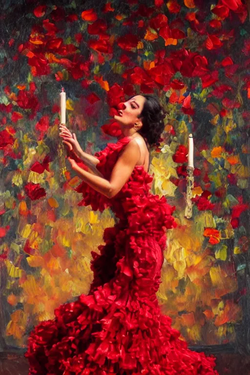 Prompt: oil painting of spanish flamenco dancer in mallorca wearing a red dress made of flowers, dimly lit by candles on the ground, photo realistic, extreme detail skin, no filter, slr, 4 k, high definition