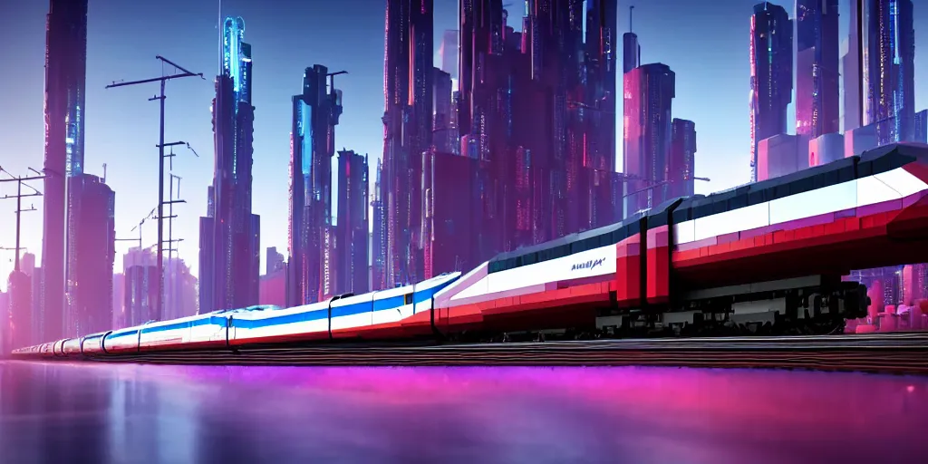 Prompt: a cyberpunk maglev train riding though futuristic station, blocky futuristic cityscape in background, gorgeous lighting and metallic reflection, maroon and blue accents, 8k, large scale, high detail, side profile