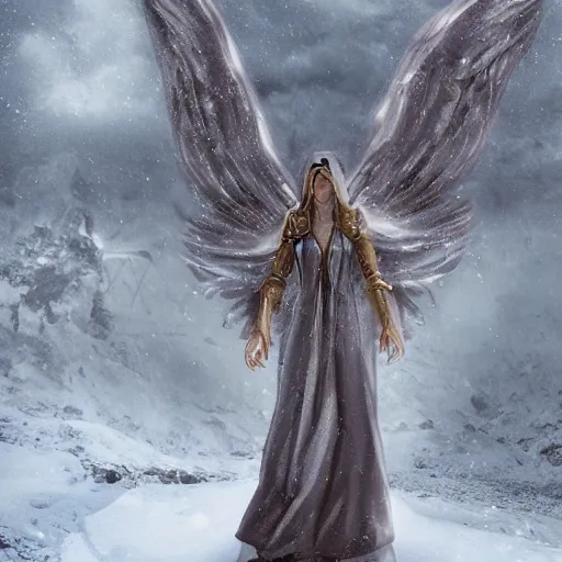 Prompt: tall female angel, flowing robes, shroud, veil, ornate armor, standing on a snowy ruined temple