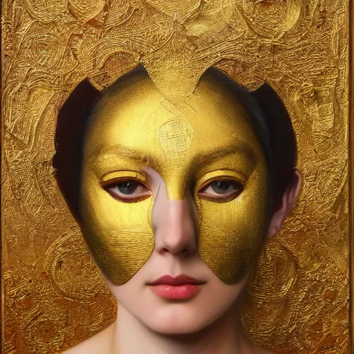 Image similar to Realistic painting of beautiful woman in gold mask who holds black heart, broken into pieces mask like mirror, black cloth, the long shot, dramatic lighting, high-detailed oil painting by Ilya Repin, William Blake, Michelangelo da Caravaggio and Beksinski, masterpiece, 4k