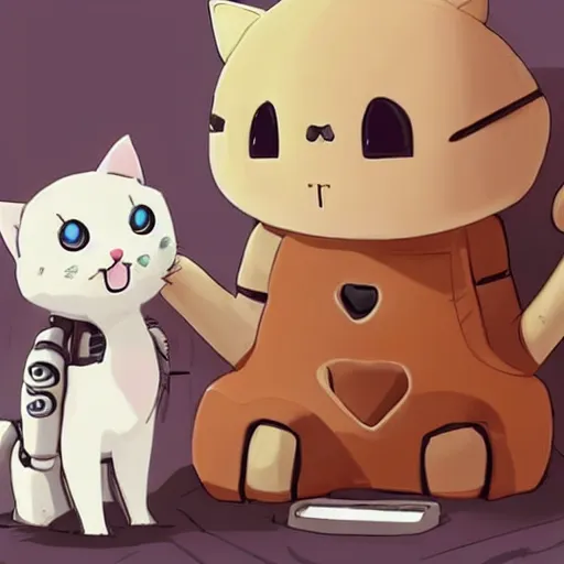 Prompt: a robot cuddling kittens, anime, cute
