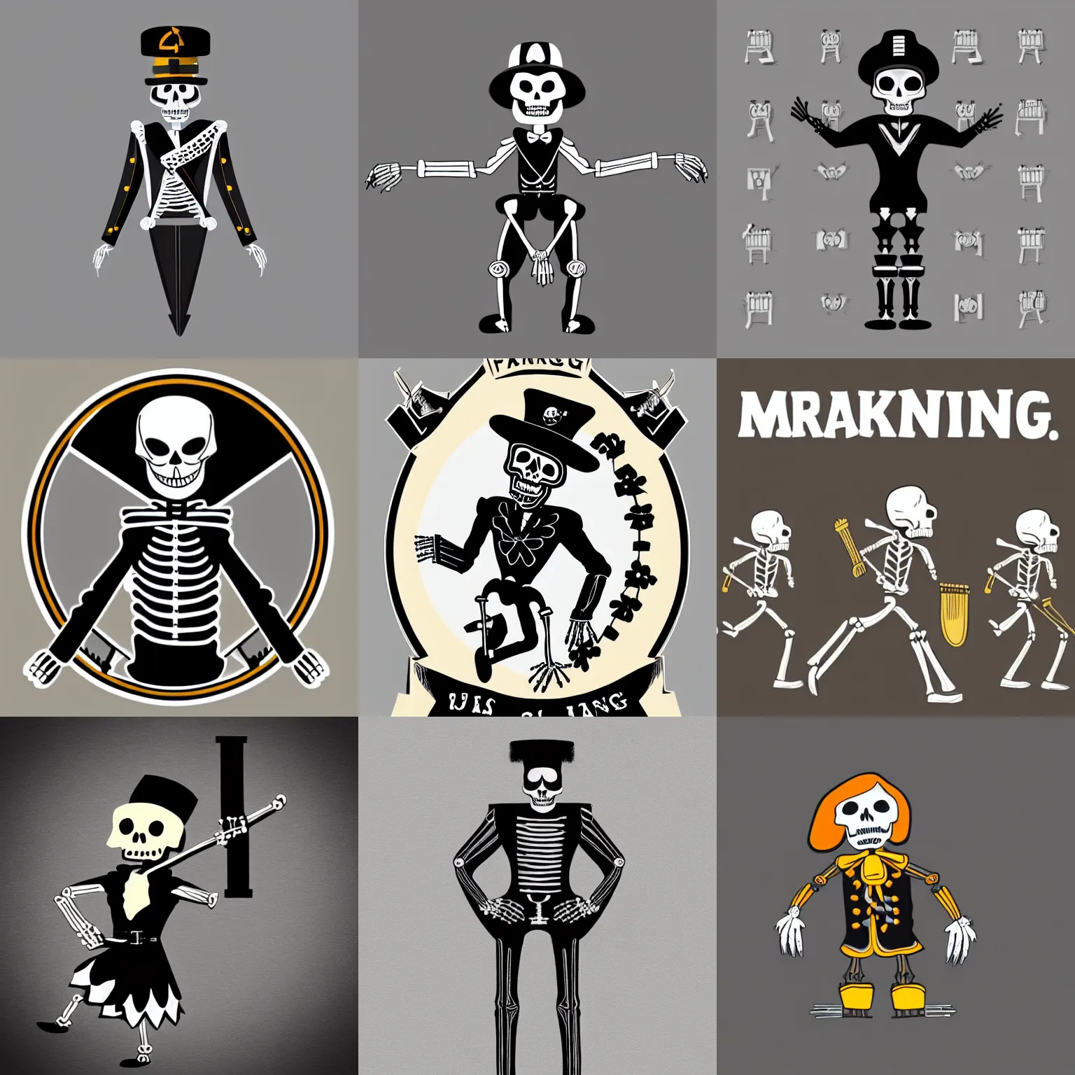 Prompt: “marching skeleton dressed in black vintage marching band uniform, small illustration on grey background, parental guidance warning in the bottom left corner”