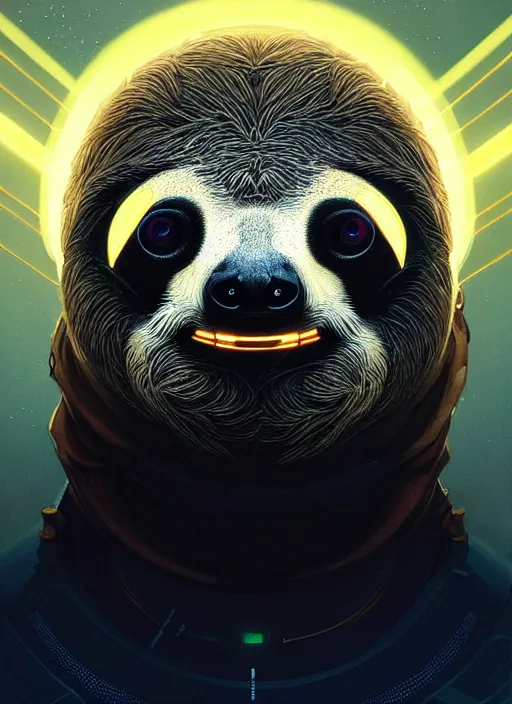 Image similar to symmetry!! portrait of a sloth, sci - fi, tech wear, glowing lights!! intricate, elegant, highly detailed, digital painting, artstation, concept art, smooth, sharp focus, illustration, art by artgerm and greg rutkowski and alphonse mucha