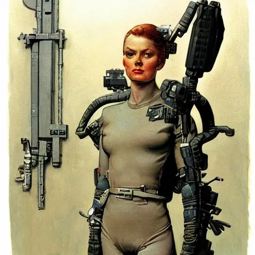 Image similar to female Scifi soldier gets ready, by Gerald Brom and Norman Rockwell