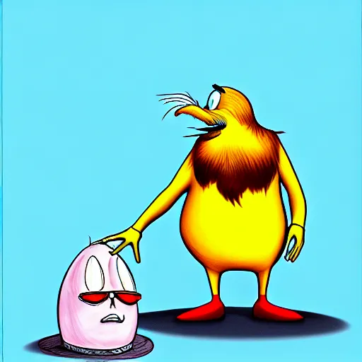 Prompt: dr. eggman standing over the lorax, the lorax is making a longing face, blushing, digital drawing, dark outlines