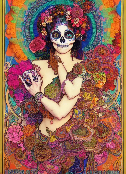 Image similar to realistic detailed psychedelic poster art of a cute fractal Día de los Muertos girl dancing by Victor Moscoso Rick Griffin Alphonse Mucha Ayami Kojima Amano Charlie Bowater, masterpiece