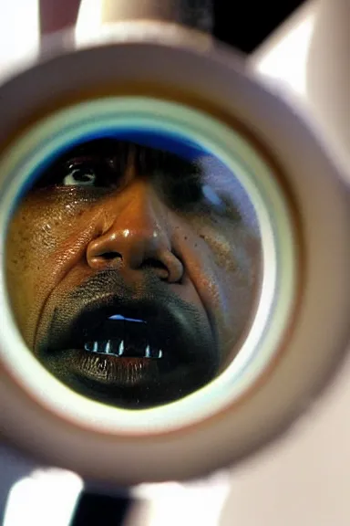 Prompt: a very close up fish eye lens photo of Obama