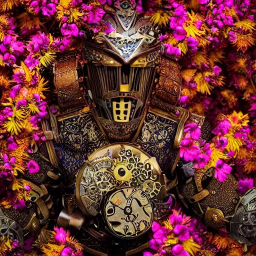 Image similar to a clockwork knoght wearing ornate wooden armor covered in flowers, brilliant colors, cinematic lighting