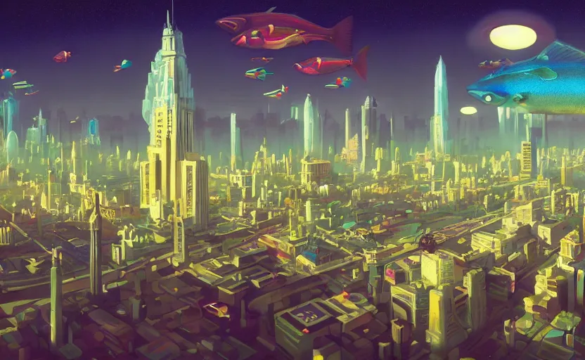 Image similar to Wide angle shot of a city with holographic fishes floating in the sky by James Gilleard, Mark Ryden, Wolfgang Lettl highly detailed, Dark cineamtic and atmospheric lighting