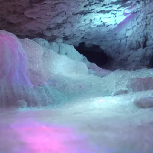 Image similar to foggy moody deep underground cave, microbiology bioluminescent, phosphorescent iridescent tunnel, uncanny uncomfortable uneasy, multicolor spectrum salt, cracks and moisture, rough basalt gypsom calcite, dim moody broken soft lighting, ultra detailed photorealism, DSLR, real footage, bloom, glow, real life