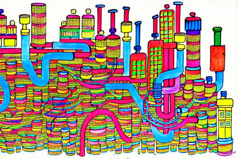 Image similar to an elaborate penned child illustration of a colorful intricate connected city of tubes and pipes, by martin handford and by jan van haasteren