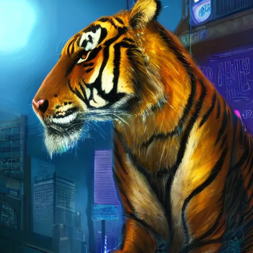 Prompt: a beautfiul award winning commission portrait of an anthro tiger in the neon cyberpunk city at night,wearing a leather jacket,glow effect,detailed face,photorealistic,character design by charles bowater,ross tran,deviantart,artstation,digital art,hyperdetailed,realistoc,western comic style,vfx,dramatic