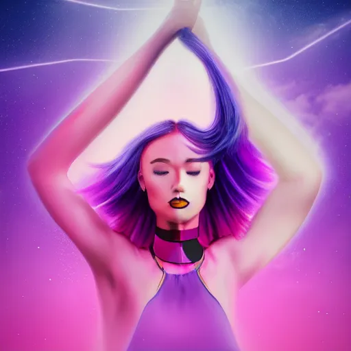 Image similar to a award winning action upper body portrait of a beautiful woman with a ombre purple pink hairstyle with head in motion and hair flying, choker, outrun, vaporware, vivid colors, highly detailed, fine detail, intricate