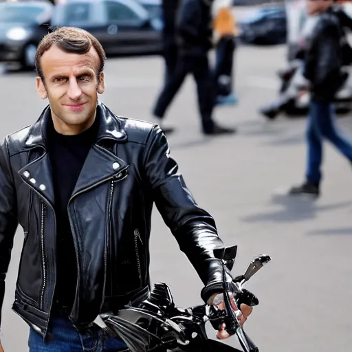 Image similar to emmanuel macron wearing a black leather jacket, biker, rock n roll