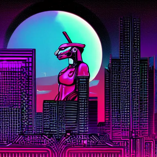 Image similar to a synthwave cyberpunk sphinx