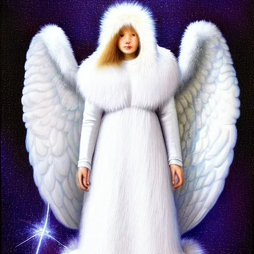 Image similar to highdetailed hyperrealistic painting of white angel in the hood lightning hands with silver sparkles!!!, giant silver ball on the chest!!!!!, 4 k hd fur face!!!, big wings, by jan van eyck, holography space, white sparkles everywhere, thin strokes, white monochrome color!!!!!, hyperrealism textures, soft