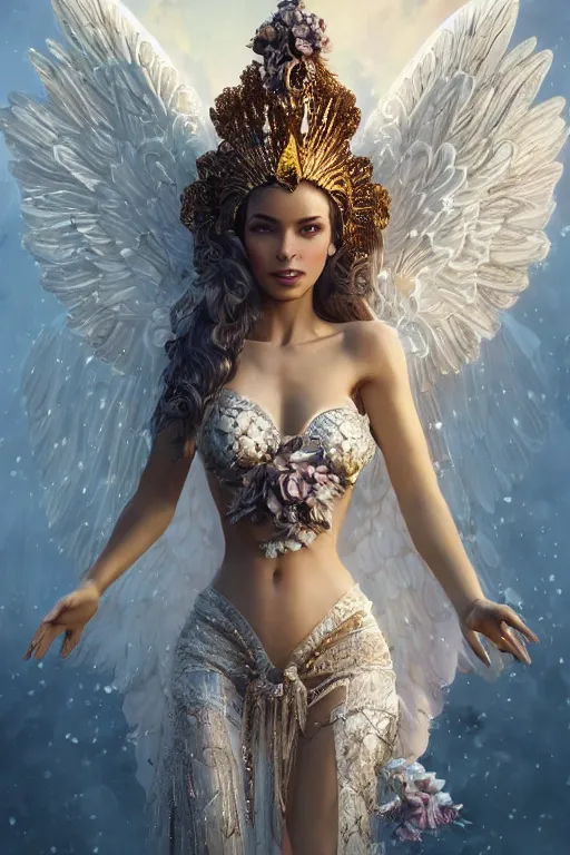 Image similar to expressive full body photo of sophia lauren as beautiful angel, smooth glowing skin, ornate headpiece made from flowers, glamour shot, by karol bak, by greg rutkowski, by artgerm, octane render, unreal engine, photorealistic, canon r 3, fashion photography