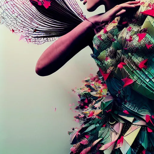 Image similar to 3 / 4 view of a ballerinal wearing an origami dress, eye - level medium shot, elegant, by eiko ishioka, givenchy, philippe druillet, by peter mohrbacher, centered, fresh colors, origami, fashion, detailed illustration, vogue, high depth of field, japanese, reallusion character creator