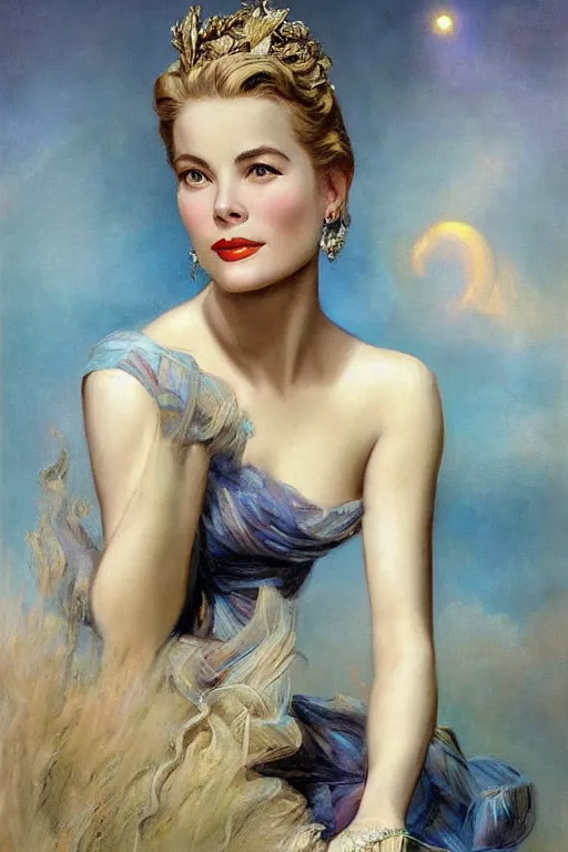 Image similar to a young and extremely beautiful grace kelly infected by night by dali in the style of a modern gaston bussiere, art nouveau, art deco, tom bagshaw. anatomically correct. extremely lush detail. melancholic scene infected by night. perfect composition and lighting. sharp focus. high - contrast lush surrealistic photorealism. sultry expression on her face.