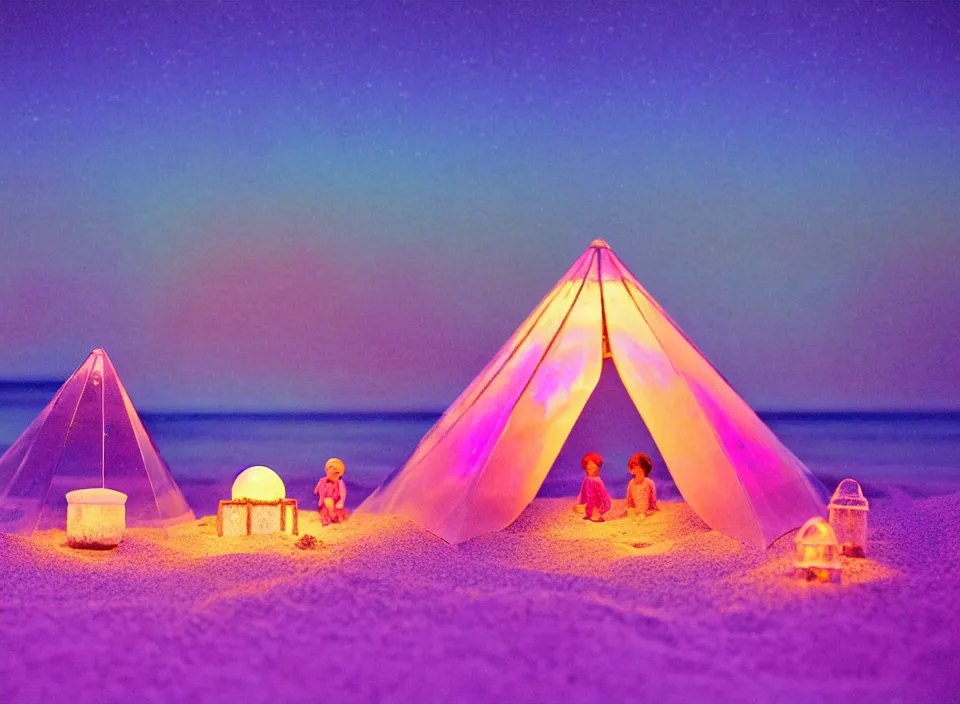 Image similar to a vintage family holiday photo of an empty beach from an alien dreamstate world with chalky pink iridescent!! sand, reflective lavender ocean water, dim bioluminescent plant life and an igloo shaped plastic transparent bell tent surrounded by holiday clutter opposite a pit with an iridescent blue flame flickering. refraction, volumetric, light.