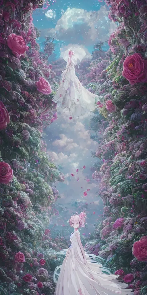 Image similar to the beautiful hyper detailed rose wedding dress in the fairyland surrounded by white clouds, in the style of makoto shinkai victo ngai and peter mohrbacher studio ghibli artgerm karol bak beeple, animation style, 8 k hd, dream, ultra wide angle, animation style, 3 drender, hyperdetailed