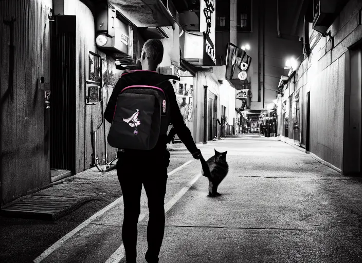 Image similar to photography of a Cat carrying a backpack . in a cyberpunk street. award winning photo, led lighting, night, 24mm, sharp, high res