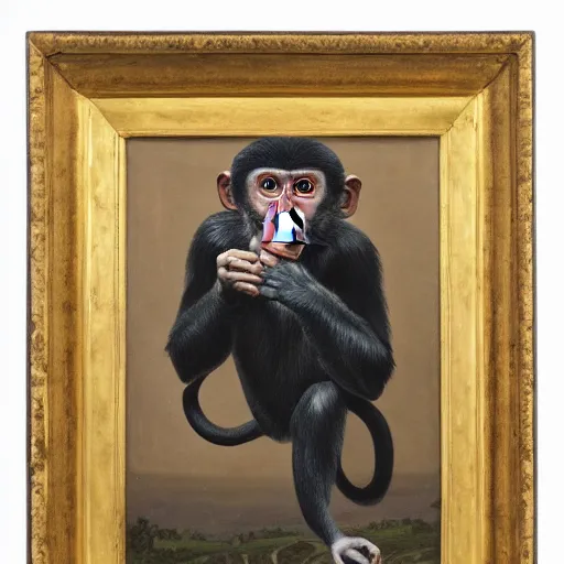 Prompt: a monkey holding camera in an oil painting, running freely, high detail, high polygon-W 768